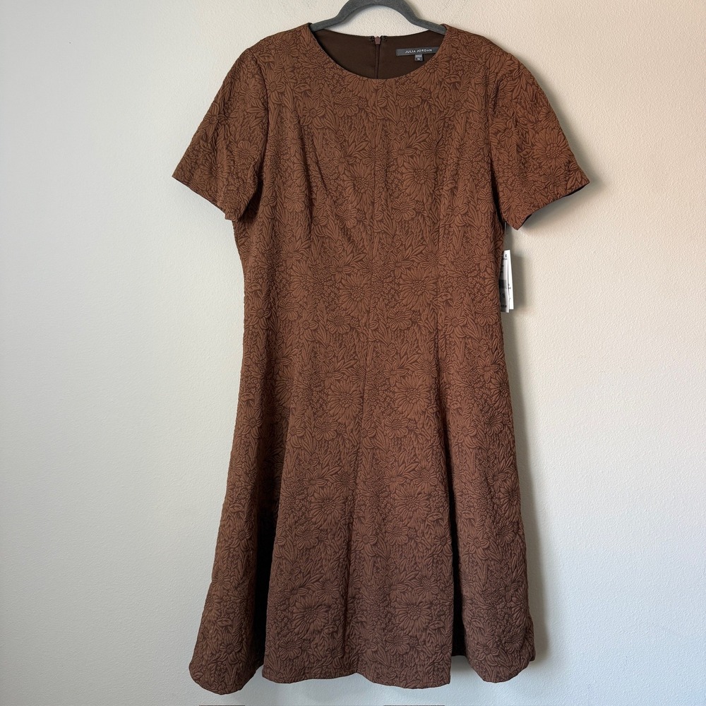 Julia Jordan Cocoa Brown Floral Jacquard Short Sleeve Fit Flare Dress JJ40333 16